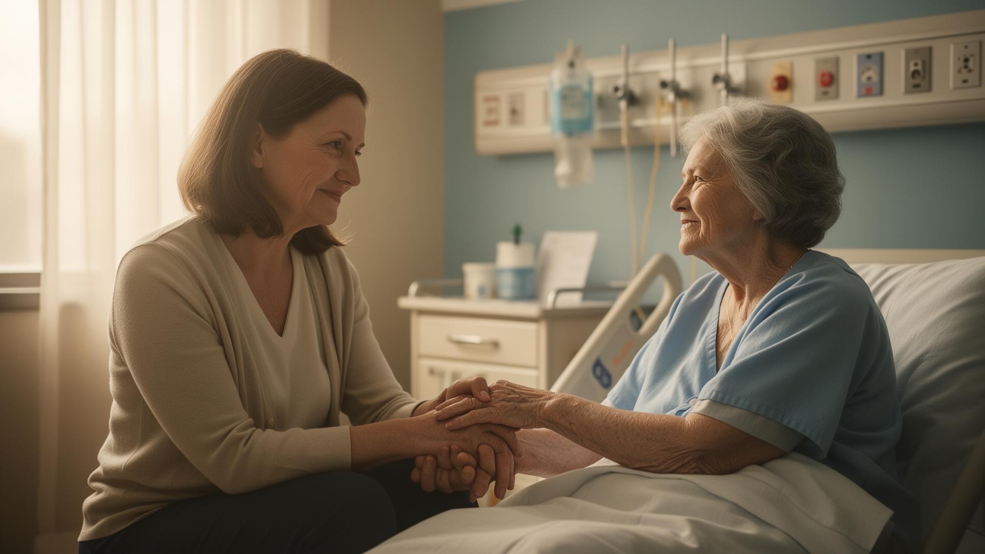 Adult daughter holding her mother's hand in a hospital room